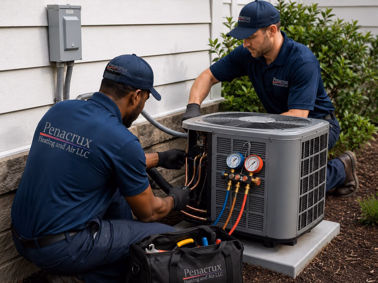 Two Penacrux HVAC technicians install and service an outdoor air conditioning unit.