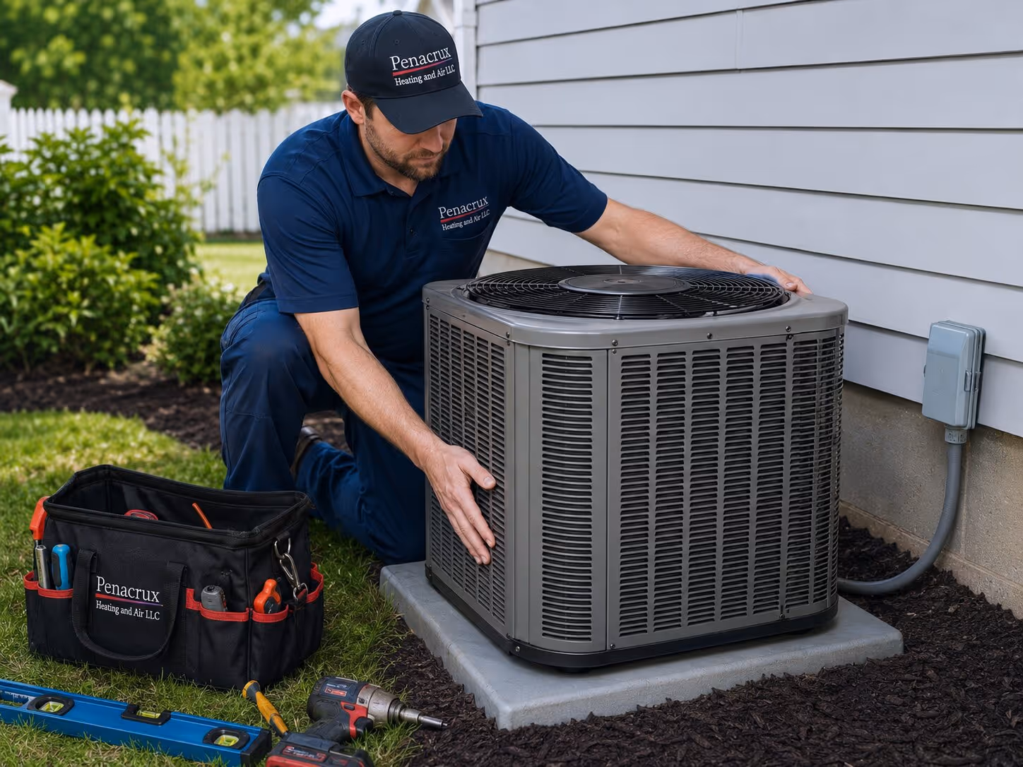 Technician in Penacrux uniform inspecting a Carrier HVAC unit outside a house with a tool bag nearby.