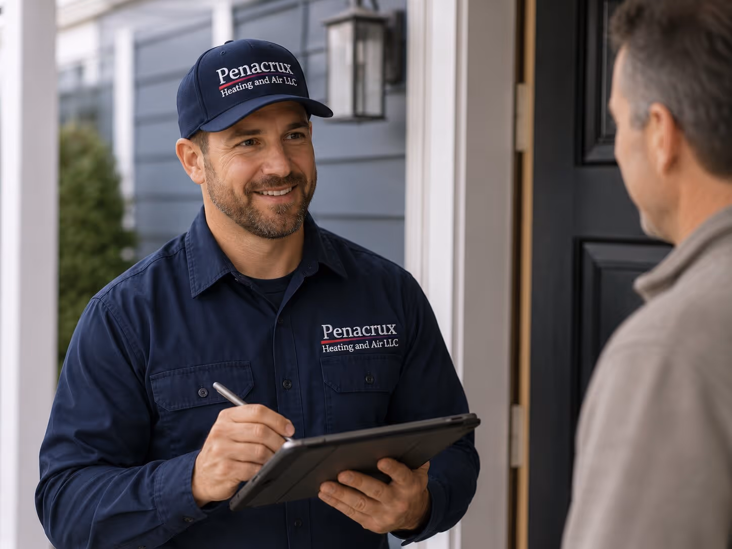 Smiling HVAC technician in Penacrux uniform holding a tablet, talking to a homeowner.