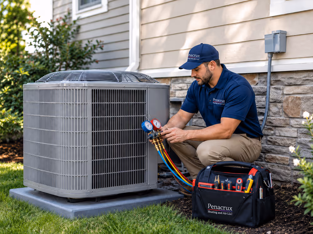 Technician in blue uniform servicing an outdoor air conditioning unit with gauges and tools.