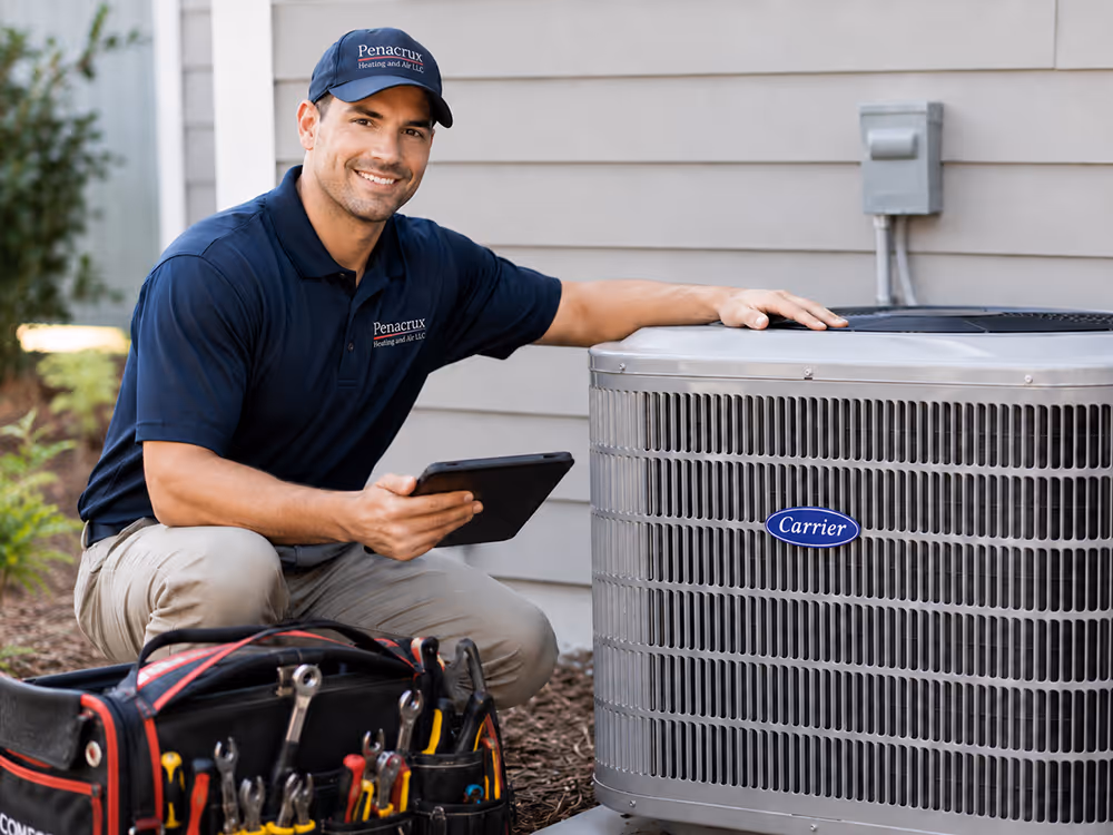 Technician in Penacrux uniform kneeling by a Carrier HVAC unit holding a tablet with tools nearby.